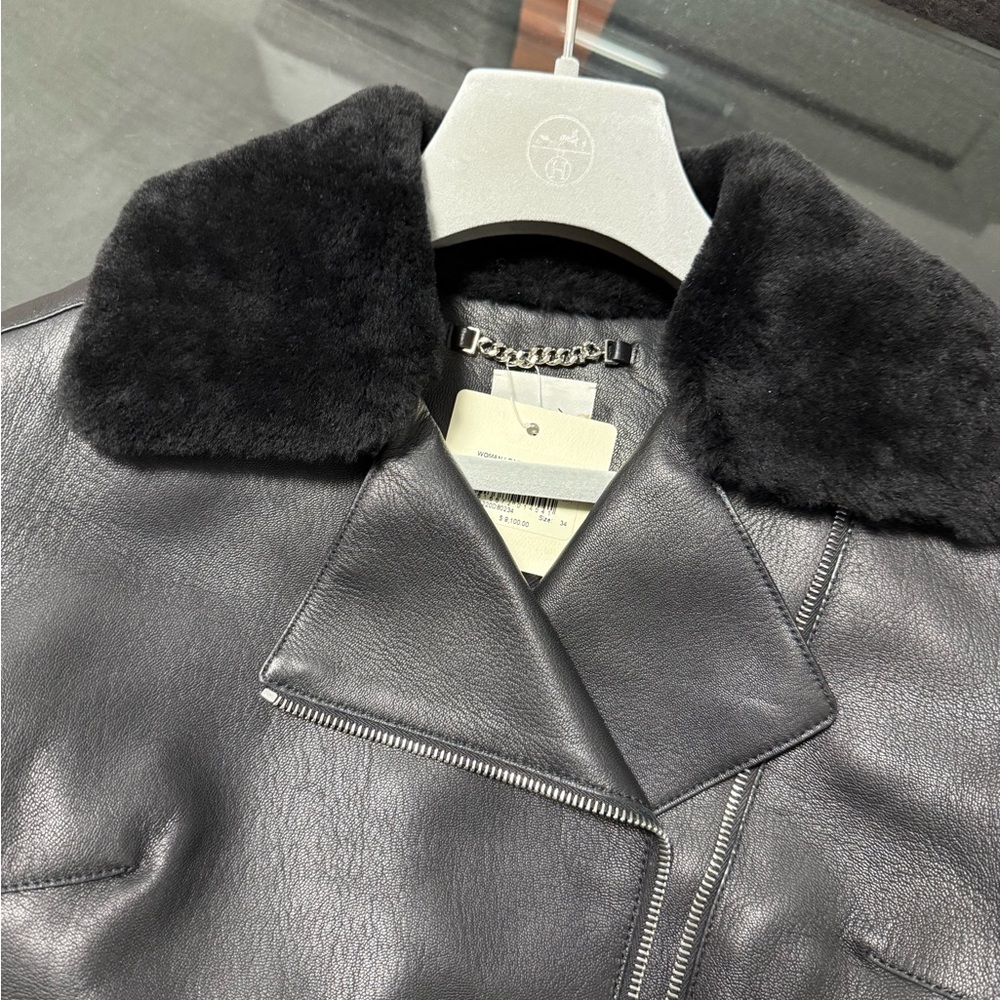 Hermes Black Leather Jacket with Plush Collar - Picture 3 of 8